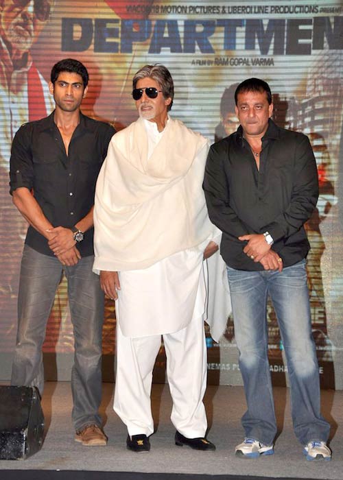 Rana Daggubati, Amitabh Bachchan a Sanjay Dutt počas tlačovej konferencie „oddelenia“ v roku 2012