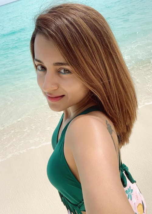 Trisha Krishnan set i en selfie taget på Maldiverne i juli 2019