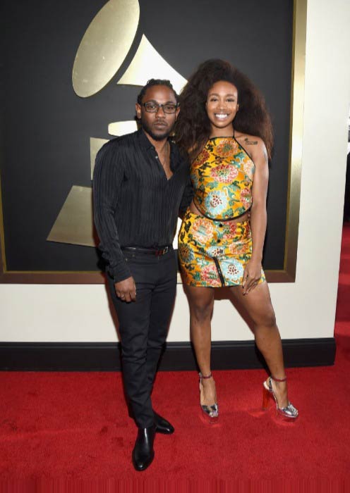 SZA s Kendrickom Lamarom na červenom koberci pre 58. ročník udeľovania cien Grammy vo februári 2016