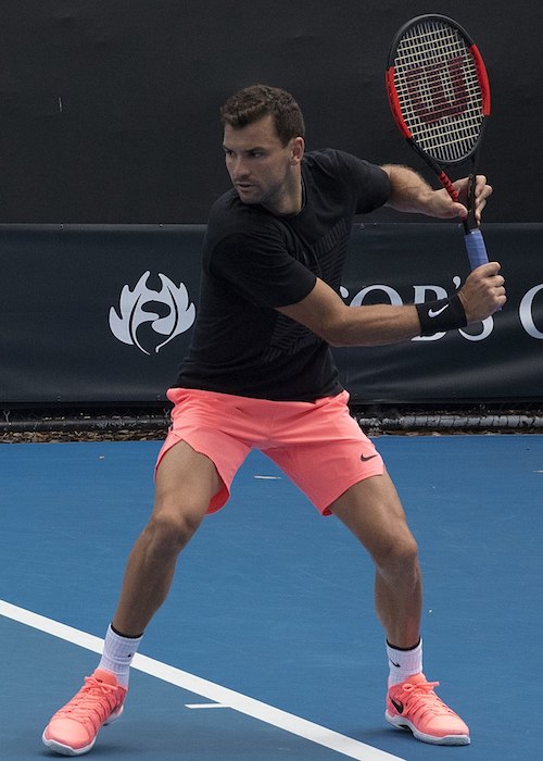 Ο Γκριγκόρ Ντιμιτρόφ παίζει το σουτ σε αγώνα τένις που διεξήχθη το 2018