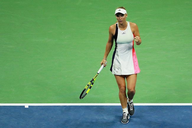 Caroline Wozniackis reaktion efter at have vundet et point mod Anastasija Sevastova under dag ni af 2016 US Open Tour