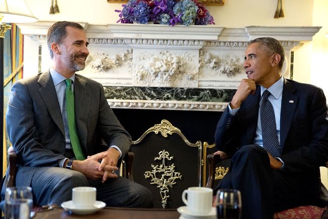 Felipe VI ze Španělska se setkal s prezidentem Barackem Obamou v hotelu Waldorf Astoria v New Yorku v září 2014