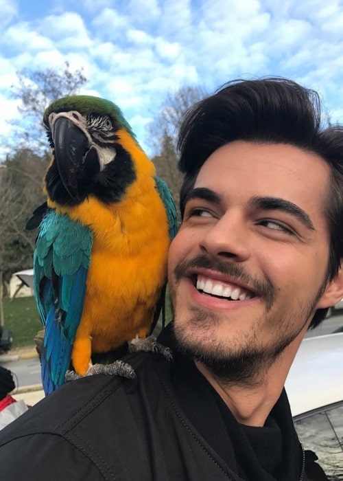 Berk Atan set på en selfie, der blev taget med en smuk papegøje på ryggen, mens han var på settet i februar 2017