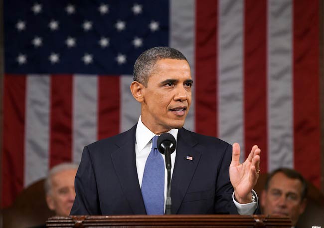 Barack Obama, mens han talte til publikum