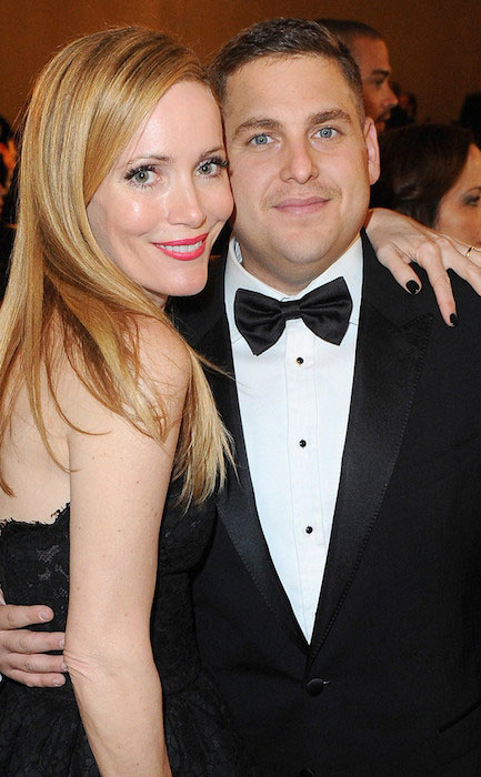 Leslie Mann med Jonah Hill på Golden Globes 2014.