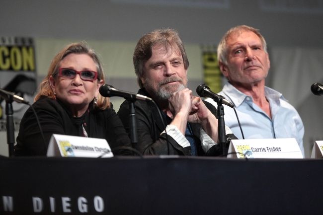 Carrie Fisher, Mark Hamill in Harrison Ford, ki so leta 2015 govorili na San Diego Comic-Con International za Star Wars The Force Awakens leta 2015